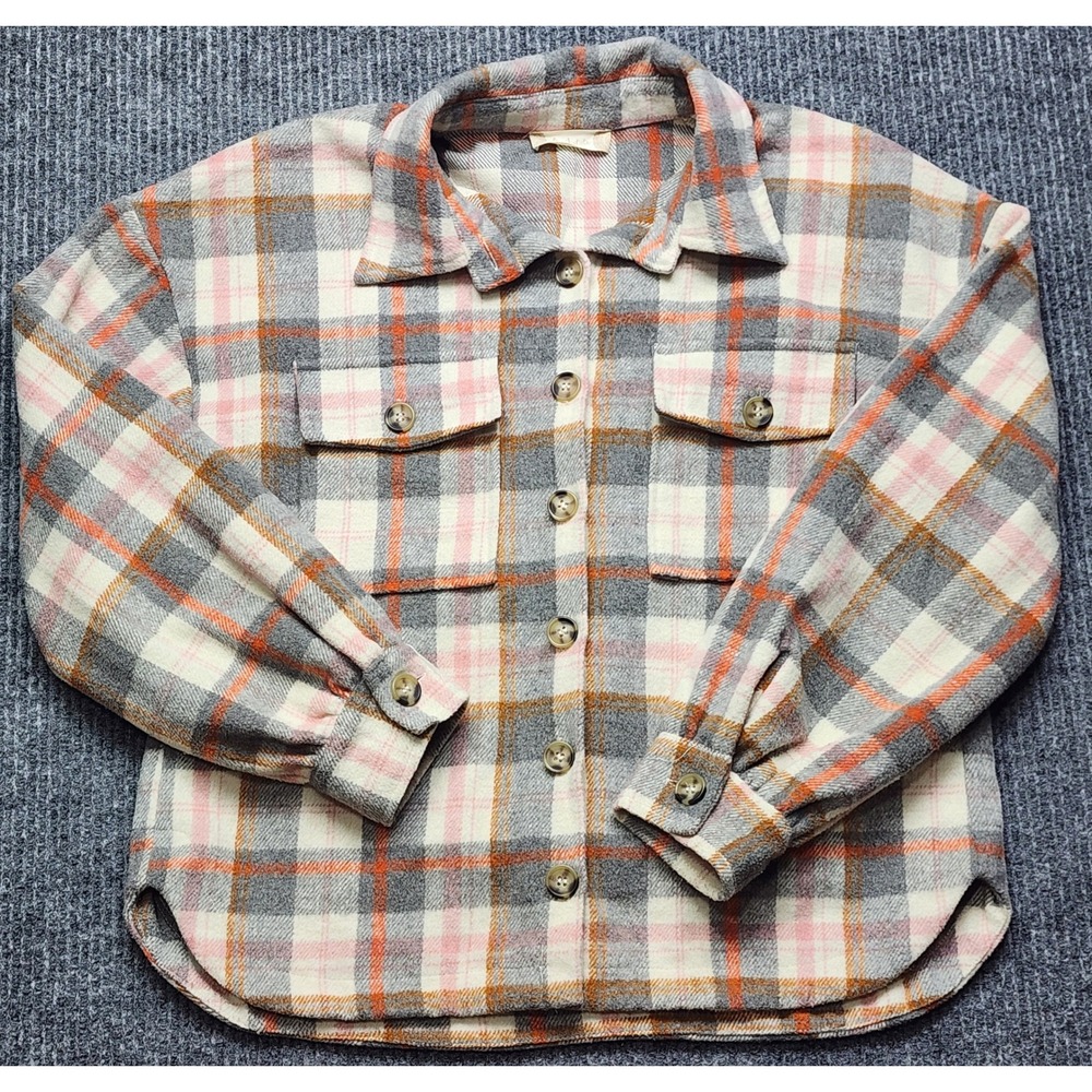 Altar'd State Plaid Shacket XS Grey Orange Pink Button Front Shirt Jacket